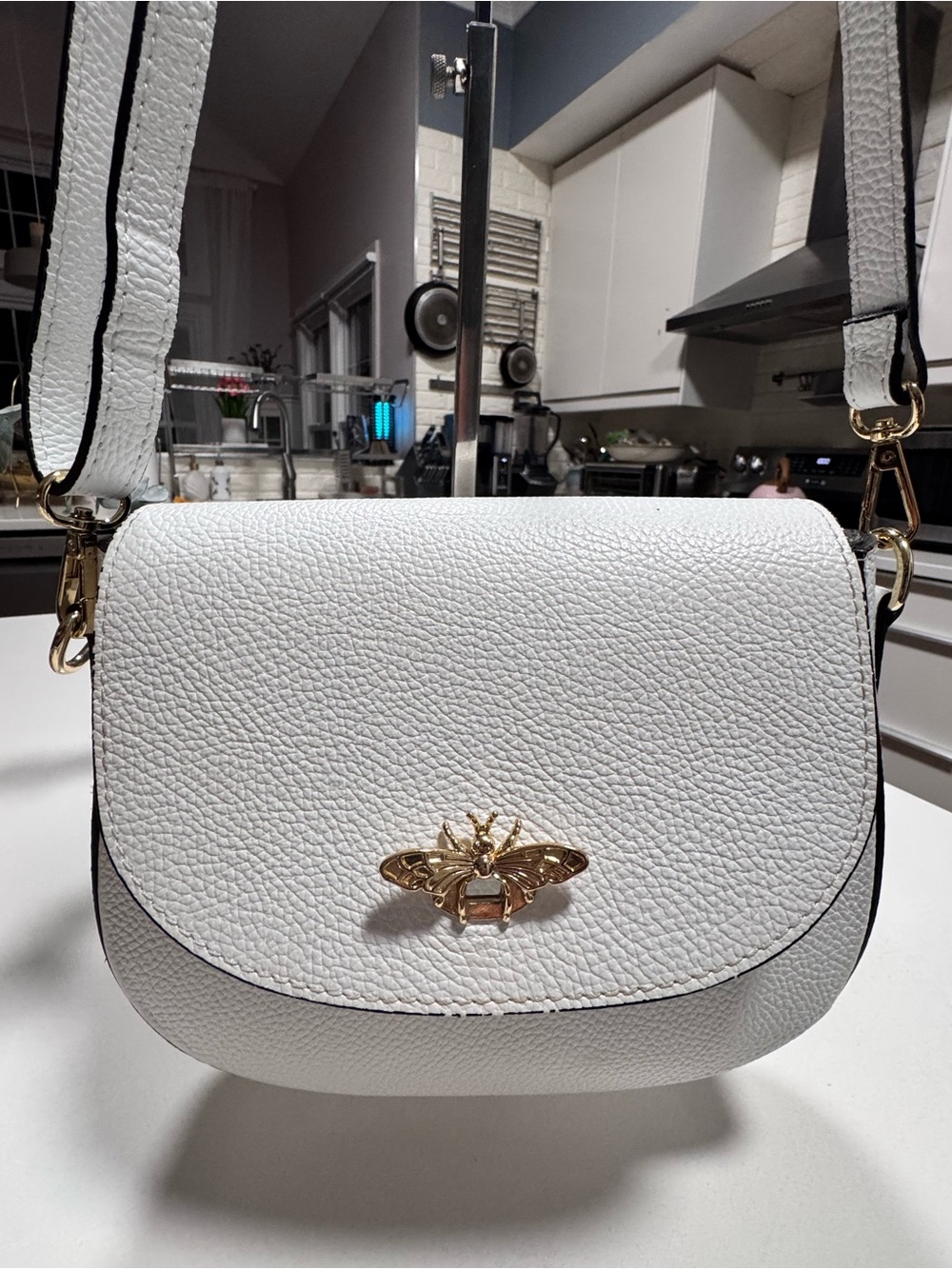White Leather Crossbody Bag with Gold Bee Accent